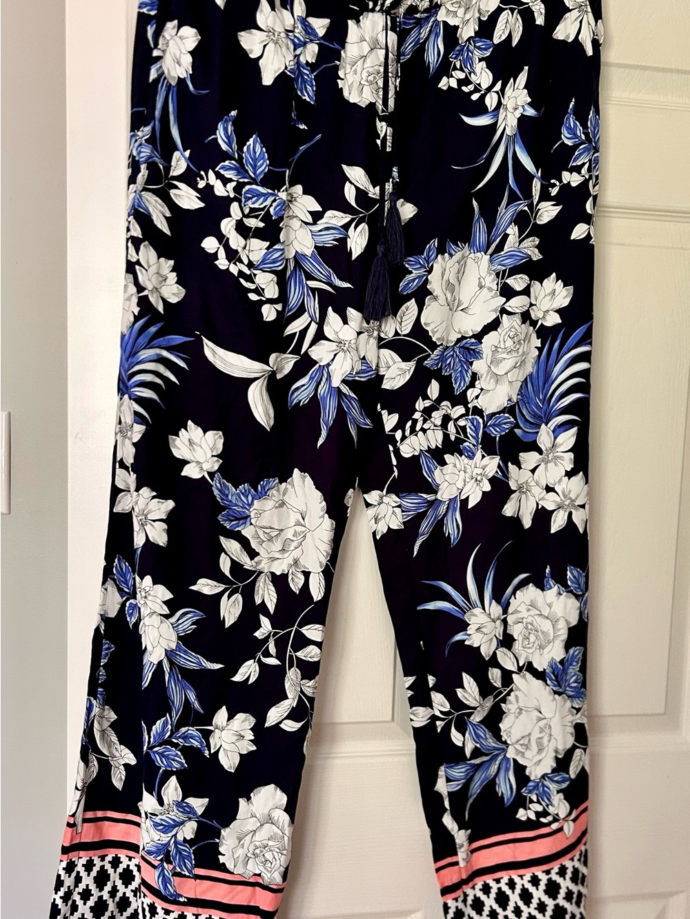 Floral Wide-Leg Drawstring Pants - Navy, grey and white floral. Made by Tribal.